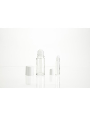 Flacons cylindriques \"roll-on\" en verre blanc complets | Flacon en 50 ml avec bille et capuchon blanc (ROLL-50)
