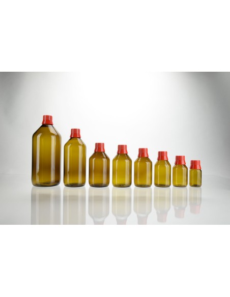 Flacons APONORM en verre brun ronds avec goulot verseur et fermeture de dosage rouge | 100 ml (APO-100-ML)